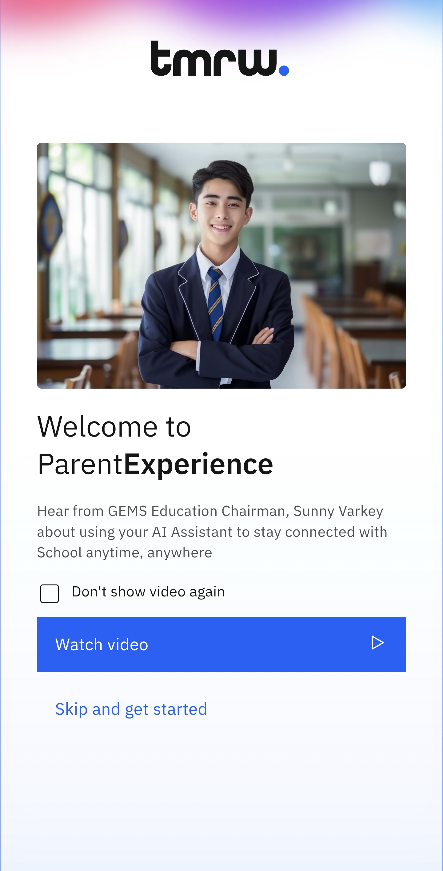 ParentExperience app welcome screen