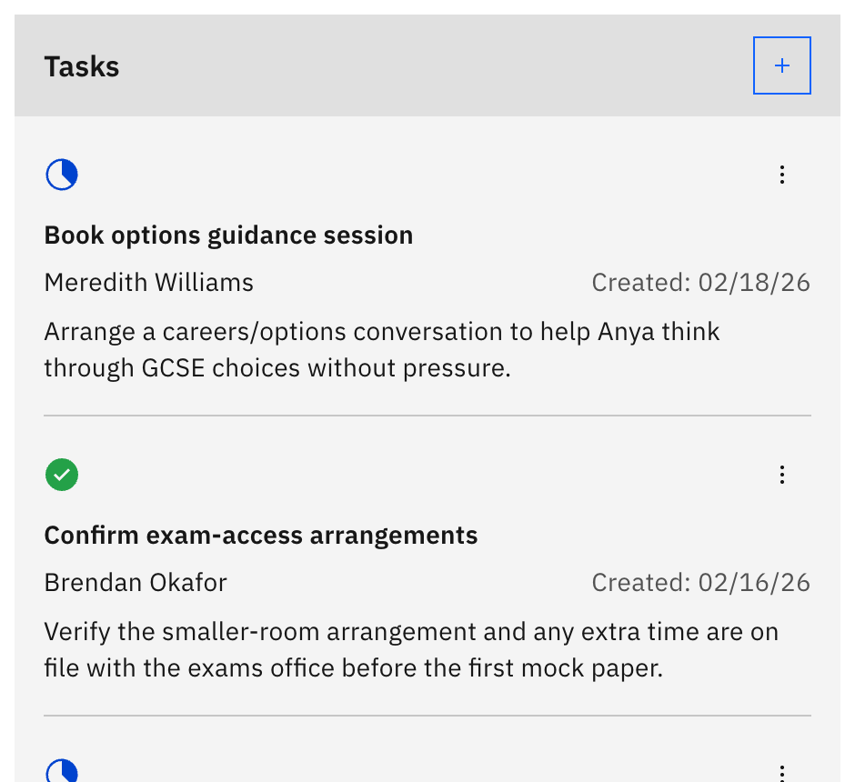 The Tasks tile on a case detail page with the + add-task button at the top right